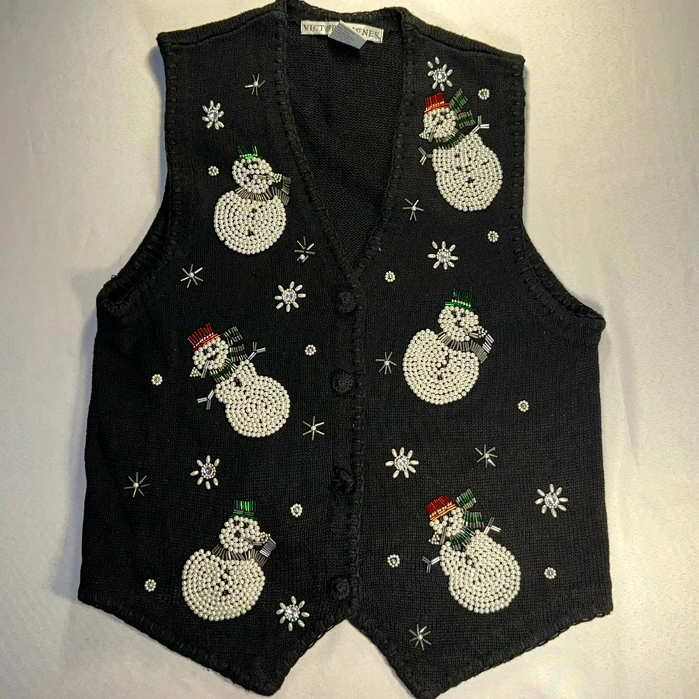 VICTORIA JONES • Vtg Christmas Vest Sweater Beaded Snowman Ugly Sweater Black Lg